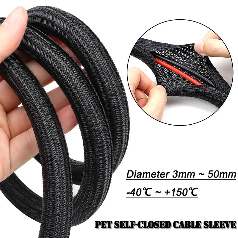 Cable Sleeve Neoprene - 2/10m 검정색 PET 편조형 자가 폐쇄형